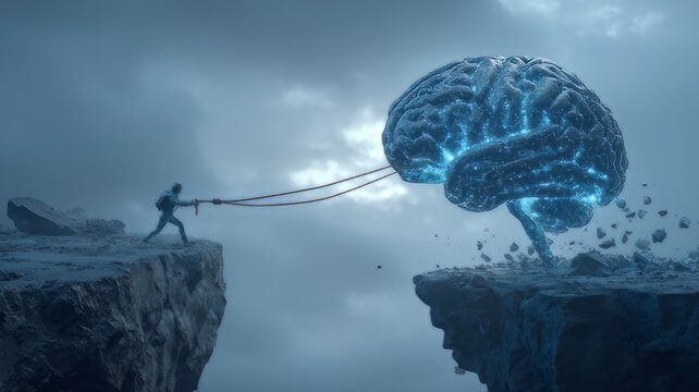 Surreal conceptual art of man pulling giant glowing brain with ropes. Human mind power and mental strength concept. Psychological struggle on cliff edge.
