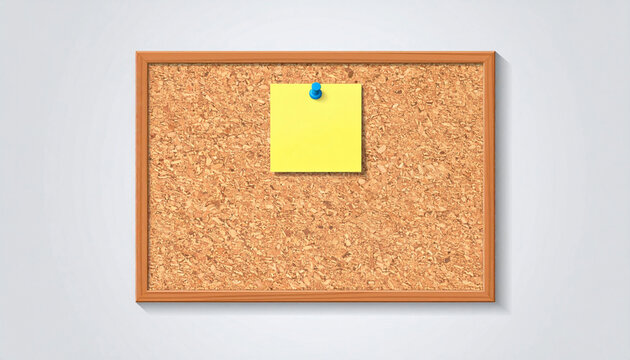 A wooden framed corkboard hanging on a light grey wall with a single yellow sticky note pinned by a blue push pin.