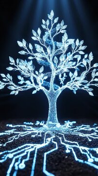 Glowing digital tree with circuit board roots and a spiraling light DNA structure on black ground