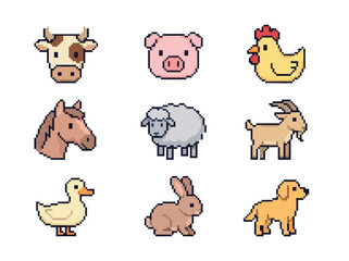 Fototapeta premium Farm Animals Pixel Art Icon Set with Cute Livestock Characters