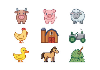 Fototapeta premium Pixel Art Farm Animals and Agriculture Icon Set Isolated on White Background