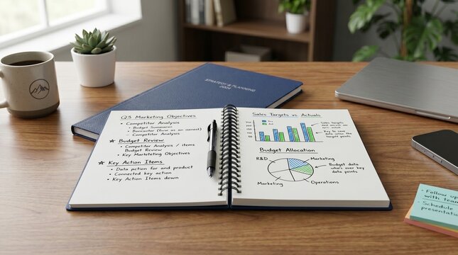 Open notebook with charts and handwritten notes on a modern office desk beside a laptop and coffee mug. Workspace planning for productivity, strategy, reporting, and everyday business organization.  