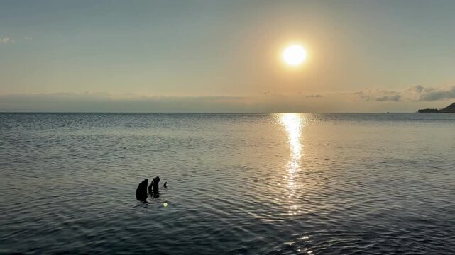 Group of individuals wading in shallow water at Lake Sevan, enjoying the sunset with sun reflections on the tranquil lake surface