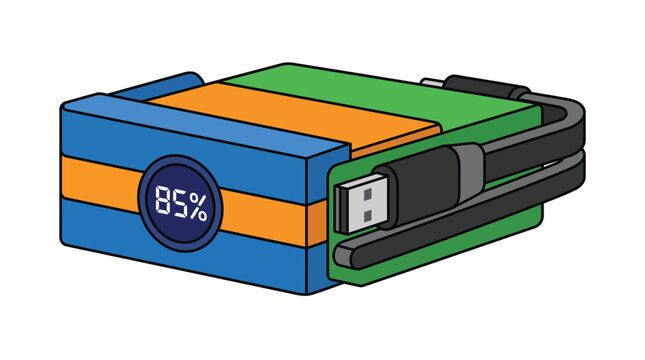 A colorful portable power bank with a digital battery percentage display with charge attached charging digital showing eighty eighty five percent
