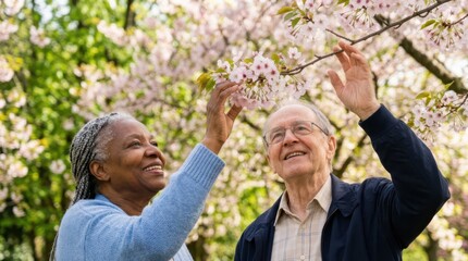 Fototapeta premium Seniors joyfully spend time outdoors in nature. An older couple smiles while admiring and gently touching pink cherry blossoms on a spring tree.