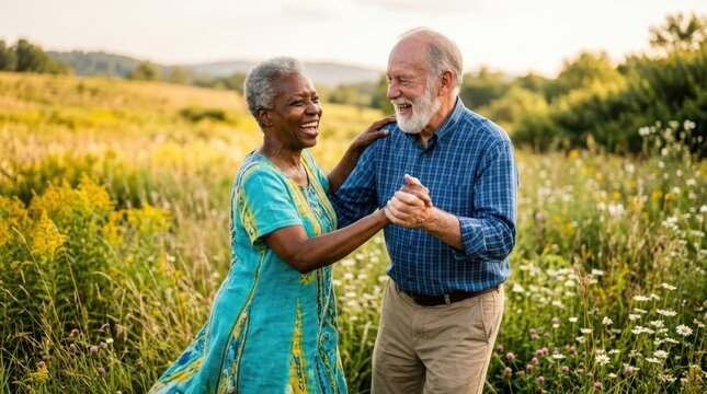 Seniors joyfully spend time outdoors in nature. A happy diverse senior couple dances romantically in a green meadow filled with wildflowers.