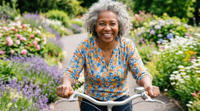 Seniors joyfully spend time outdoors in nature. A cheerful older woman enjoys a relaxing bicycle ride along a path in a vibrant flower garden.