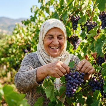 Seniors joyfully spend time outdoors in nature. A happy senior woman gently harvests ripe purple grapes from the vines in a sunny vineyard.