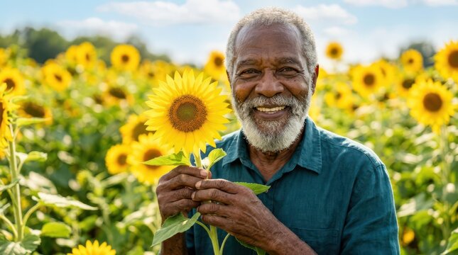 Seniors joyfully spend time outdoors in nature. A cheerful older man smiles proudly while holding a bright yellow sunflower in a large field.