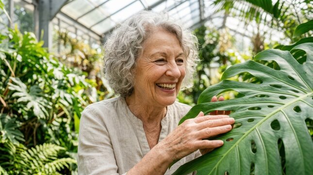 Seniors joyfully spend time outdoors in nature. A smiling elderly woman gently touches a large green leaf inside a bright botanical greenhouse.