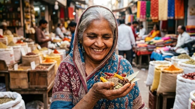 Seniors joyfully spend time outdoors in nature. A happy senior woman holds a handful of colorful spices while visiting a vibrant outdoor market.