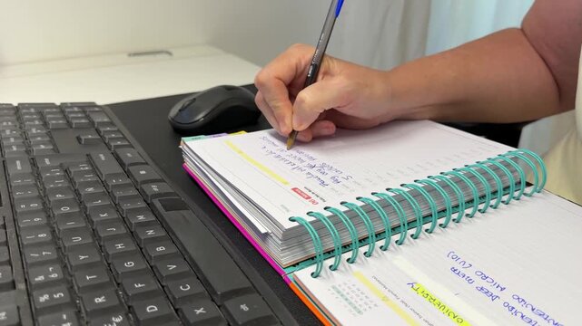Person is writing in a notebook while sitting at a desk. The setting includes a computer and a keyboard. The activity shows focused note-taking in the afternoon.
