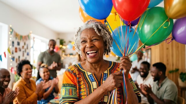 Seniors happily celebrate during a festive family gathering. A cheerful senior woman holds a bunch of colorful balloons at a lively celebration.