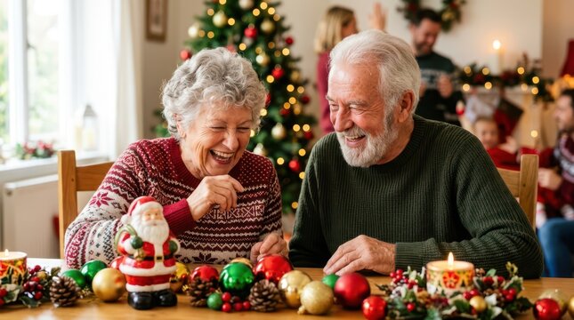 Seniors happily celebrate during a festive family gathering. A senior couple laughs happily while looking at festive Christmas decorations on a table.