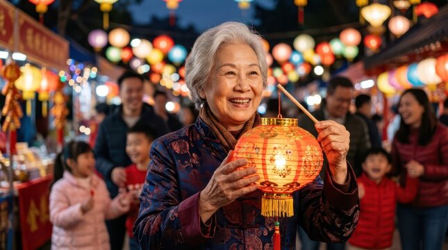Seniors happily celebrate during a festive family gathering. An elderly woman smiles while holding a glowing traditional paper lantern outdoors.