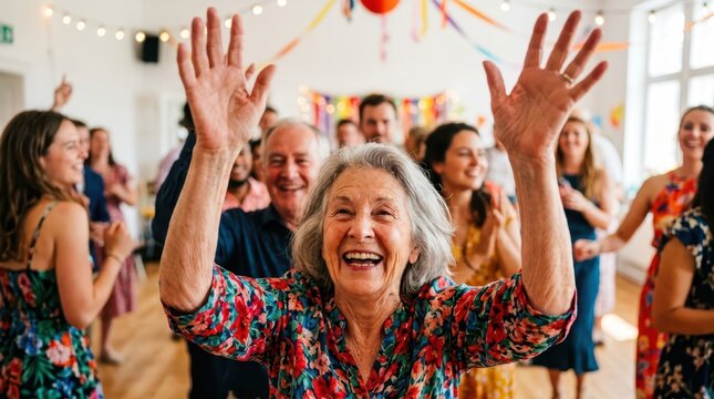 Seniors happily celebrate during a festive family gathering. An older woman with her arms raised dances joyfully at a lively party event.