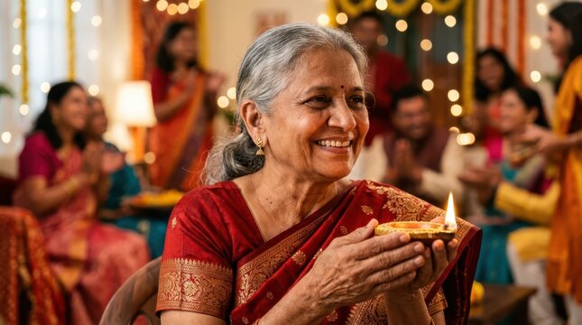 Seniors happily celebrate during a festive family gathering. A senior woman in traditional clothing smiles while holding a glowing oil lamp indoors.