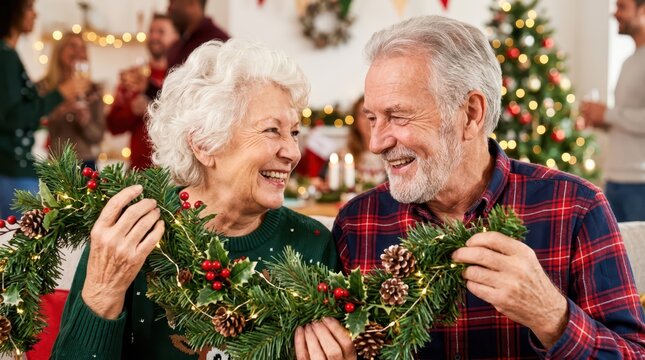 Seniors happily celebrate during a festive family gathering. A smiling senior couple holds a festive green holiday garland together indoors.