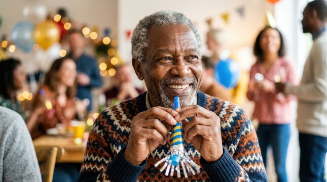 Seniors happily celebrate during a festive family gathering. A smiling senior man holds a party horn during a lively celebration with people.