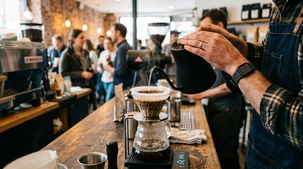 Obraz premium Barista brewing artisan pour over filter coffee with gooseneck kettle in a bustling specialty coffee shop, celebrating Coffee Day culture.