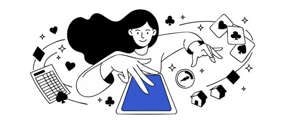 Obraz premium Online casino mobile gaming illustration of a woman using a tablet with playing cards, houses, and financial icons flying around. Minimal line art style concept for gambling apps and modern betting.