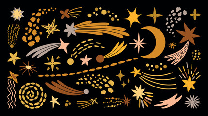 Obraz premium Hand drawn vector illustrations set on celestial and space themed with sparkling and shooting stars, comets, crescent moon, cosmic trails, dots, abstract celestial shapes and decorative accents.