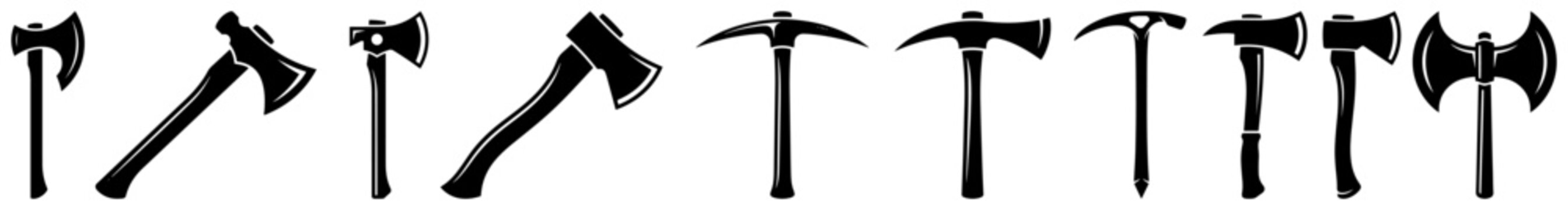 Axe and pickaxe silhouette collection for woodcutting and mining black and white vector
