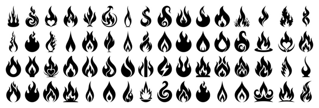 Fire icons and flame silhouettes set for logo design black and white flat vector