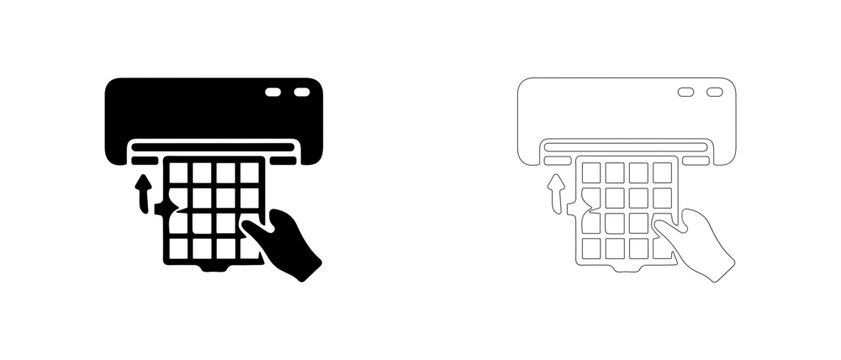 Removing filter from split air conditioner vector icon filled and outline, AC unit filter maintenance symbol.