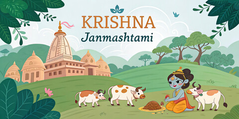 Fototapeta premium Krishna Janmashtami celebration with butter pot peacock feathers lotus and festive lamps