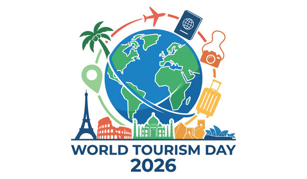 World tourism day vector graphic with globe landmarks and travel accessories