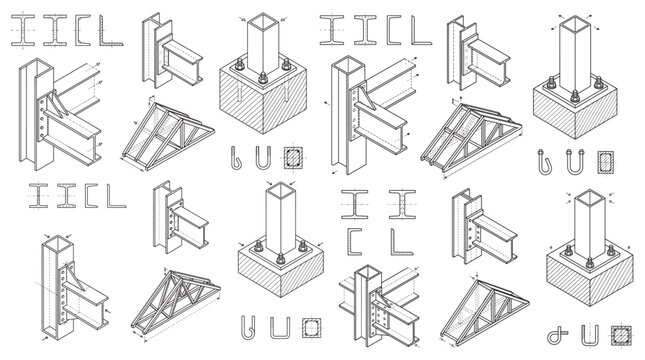 Structural Steel Connection Detail Drawings and Isometric Construction Blueprint Diagrams for Beams, Columns, and Base Plates