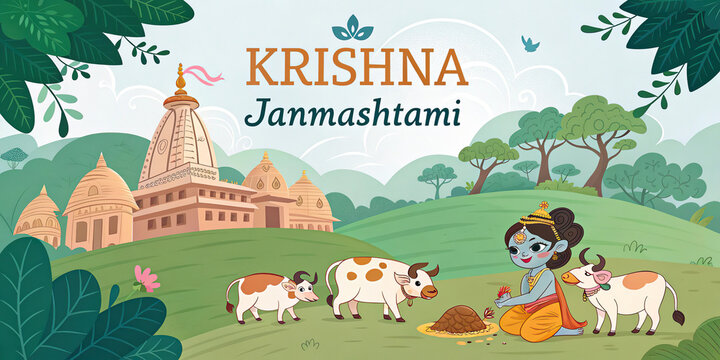 Krishna Janmashtami celebration with butter pot peacock feathers lotus and festive lamps
