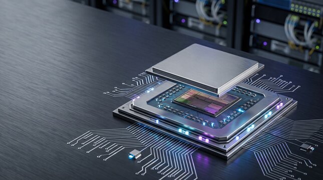 Futuristic computer microprocessor chip assembly hovering over a circuit board socket inside a dark high tech server room data center