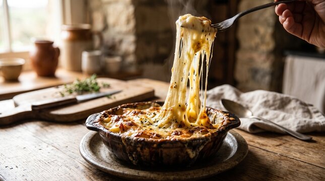 Delicious baked macaroni and cheese with long strings of melted cheese being pulled up by a fork