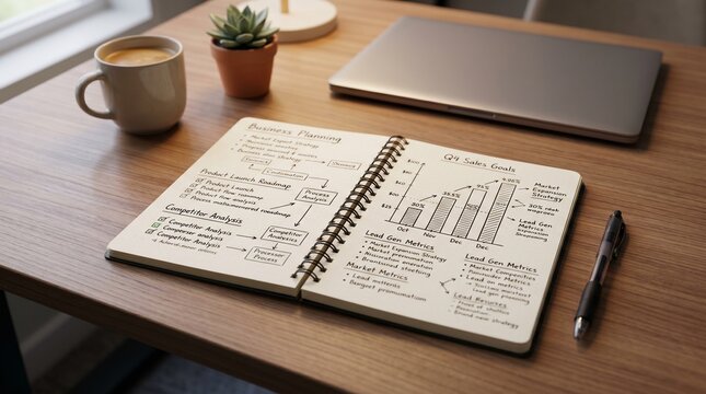 Open planner with charts on a wooden desk beside a laptop, coffee mug, and small plant in a home office. Visualizes workflow planning, productivity tracking, and focused remote work routines.  