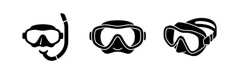 Naklejka premium Snorkel and diving mask icons set. Collection of various underwater masks and snorkels silhouettes, vector illustration.
