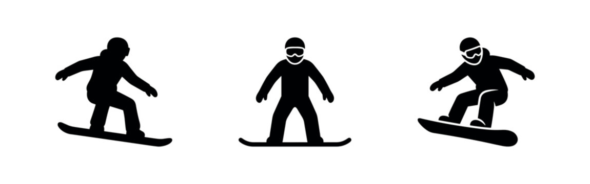 Snowboarder icons set. Collection of various snowboarding athlete silhouettes, vector illustration.