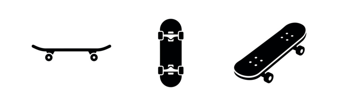 Skateboard icons set. Collection of various skateboard silhouettes in different views, vector illustration.