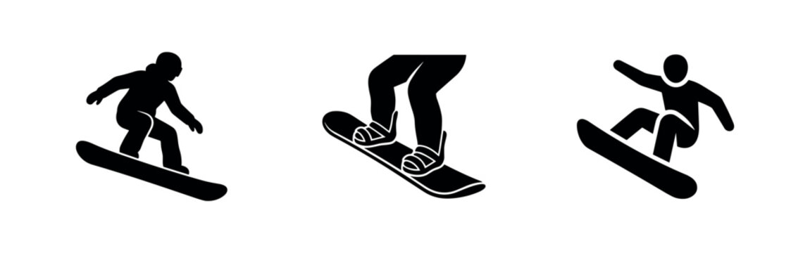 Snowboard and snowboarder icons set. Collection of various snowboarding elements and athlete silhouettes, vector illustration.