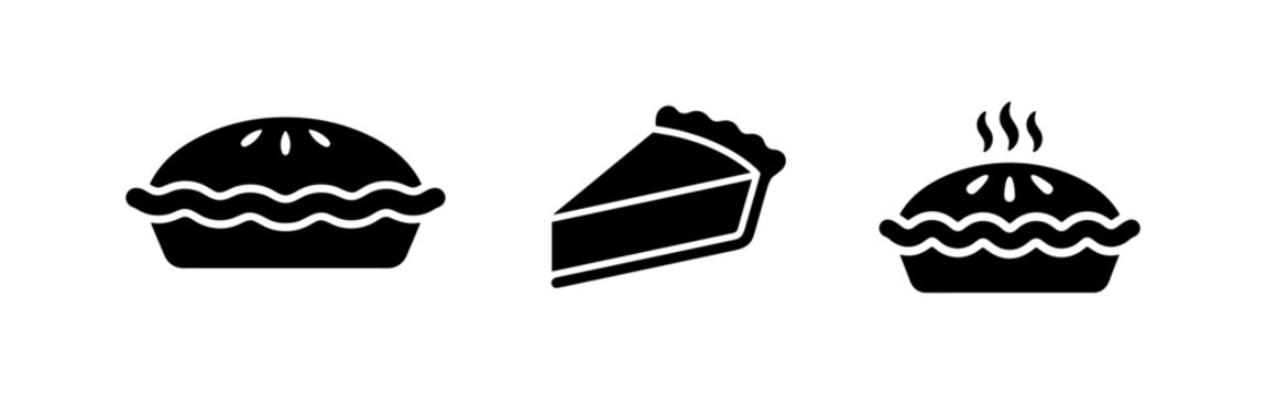 Pie icons set. Collection of various whole pie and pie slice silhouettes, vector illustration.