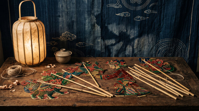chinese shadow puppets and traditional lantern on wooden table