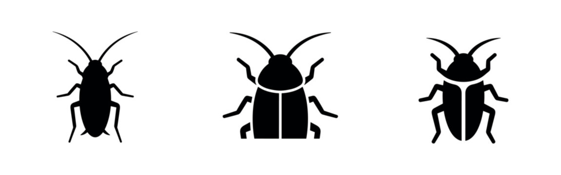 Beetle and Roach Insect Icons - Minimalist Bug Silhouettes with Antennae in Various Poses