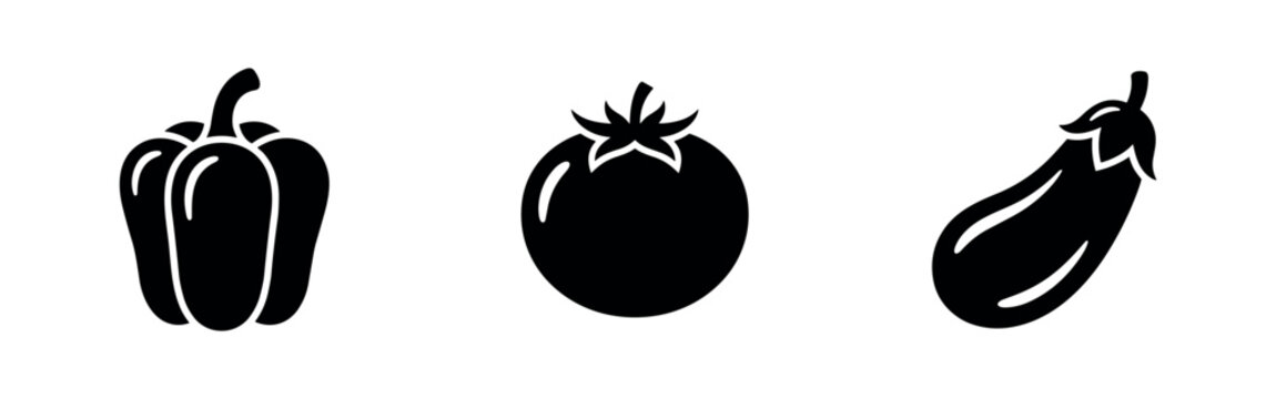 Fresh vegetable silhouettes including bell pepper, tomato, and eggplant.