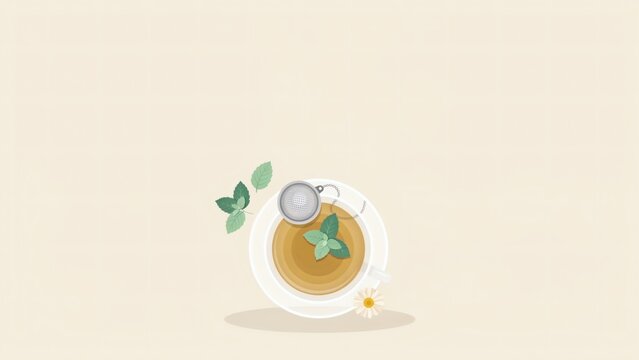 A flat vector illustration of a cup of mint tea with a metal strainer with flower light background garnished fresh leaves leaves small daisy