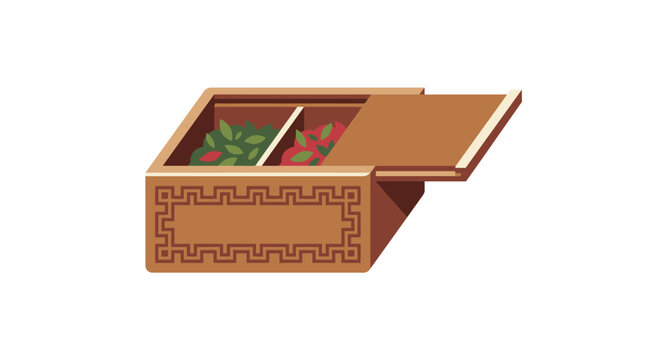 A wooden tea caddy box with two compartments containing green and red herbal tea leaves with sections filled assorted sliding lid divided illustration