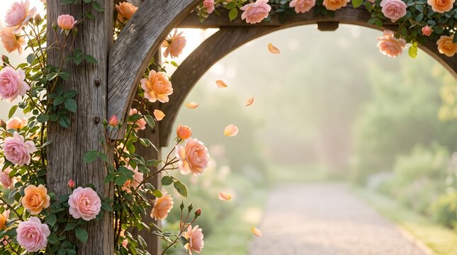 Wooden garden arch with pink and apricot climbing roses opening onto a misty garden path, premium editorial scene with soft morning backlight and copy space