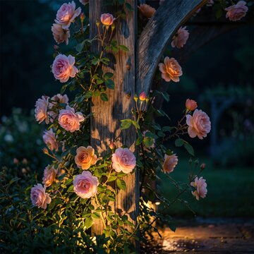 Climbing roses illuminated from below on a weathered wooden garden arch at night, cinematic close-up with warm uplighting and cool moonlit shadows
