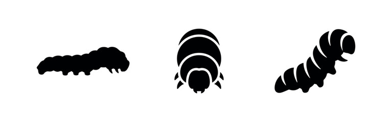 Caterpillar insect icons set in different perspectives. Minimalist vector illustration of a larva with segmented body. © Lili