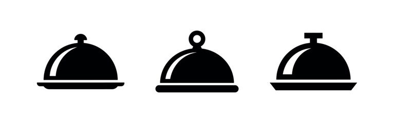 Fototapeta premium Food cloche or serving platter icons set. Minimalist vector illustration of kitchenware and restaurant service items.